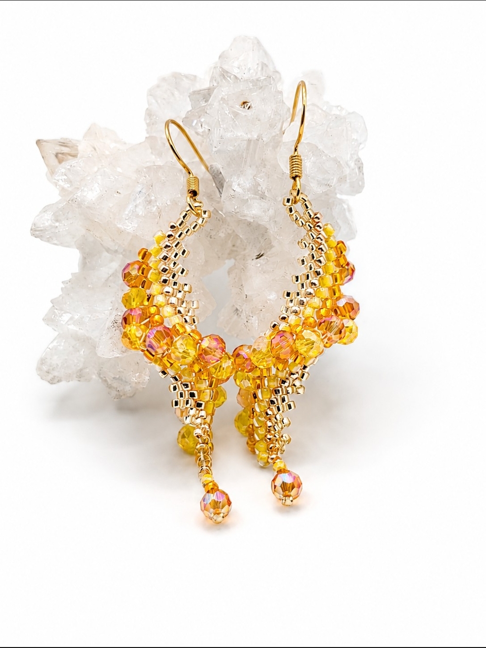 Gold & Yellow Crystal Beaded Wave Earrings - Women Jewelry